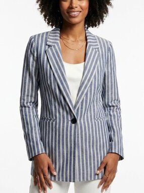IVIVI Coastal Grandmother Pinstripe Blazer Linen Blend Blue White Size S